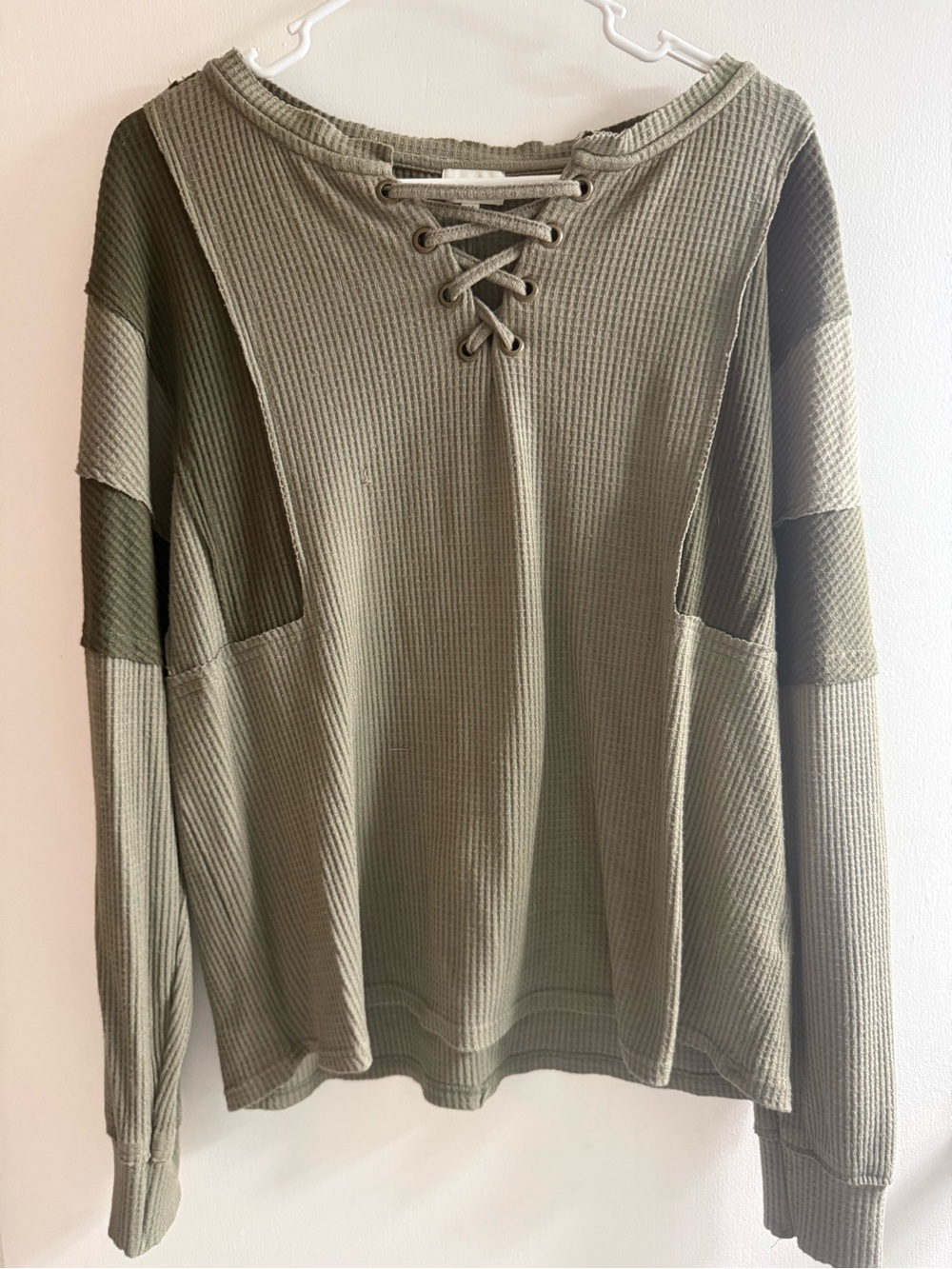 BKE Olive Lace-Up Waffle Knit Top